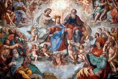 Jomfruens kroning. Fresco. San Donato kirke. Genova. Italien. af . .