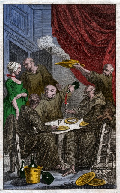 Festen for munke, der overtræder klosterregler. De drikker vin, bejler til tjenestepigerne. 1700-tallet (gravering) af . .