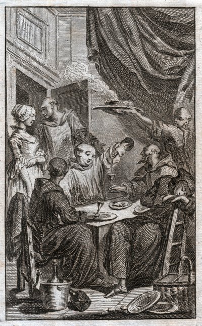 Festen for munke, der overtræder klosterregler. De drikker vin, bejler til tjenestepigerne. 1700-tallet (gravering) af . .