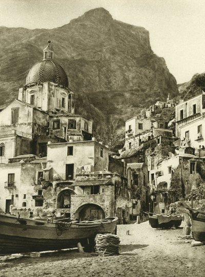 Byen for fiskerne i Positano, på Amalfikysten nær Napoli af Ferdinand Georg Waldmuller