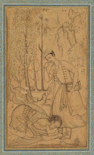 En hellig mand, der bøjer sig foran en lærd fyrste, ca. 1585, grænse tilføjet formentlig 1700-tallet. af   Manohar
