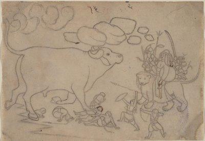 Durga konfronterer Buffalo Demon Mahisha: Scene fra Devi Mahatmya, Ka. 1780. af a first generation master after Nainsukh