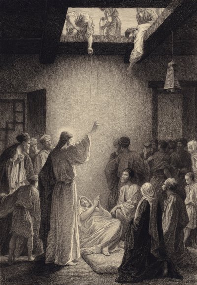 Kristus helbreder den mand, der er ramt af parese af after Albert Robida