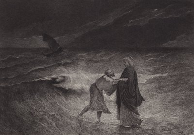 Jesus og Sankt Peter på havet af after Albert Robida