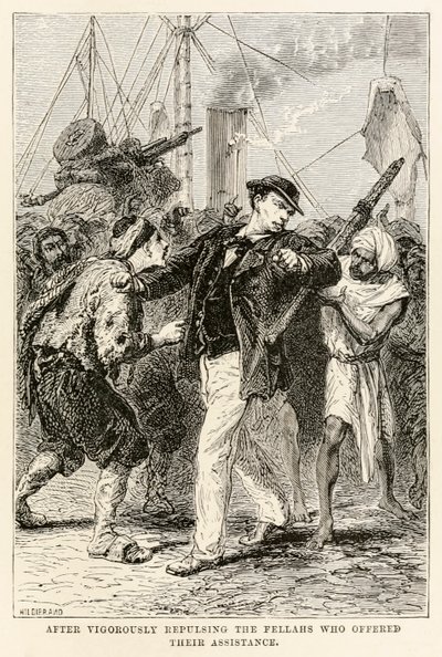 Efter kraftigt at have frastødt de fyre, der tilbød deres hjælp, fra Jorden rundt på firs dage af Jules Verne (1828-1905), graveret af Henri-Théophile Hildebrand (1824-1897) 1873 (gravering) af after Alphonse Marie de Neuville