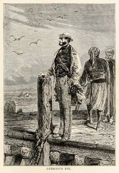 Detektiv Fix, from Around the World in Eighty Days af Jules Verne (1828-1905), indgraveret af Louis Dumont (f.1822), 1873 af after Alphonse Marie de Neuville