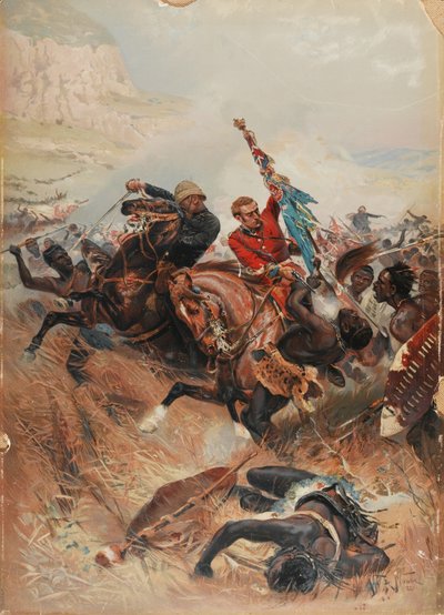 Løjtnanterne Melville og Coghill Saving the Colours, Zulu-krigen i 1879, 1881 (chromolitho) af after Alphonse Marie de Neuville