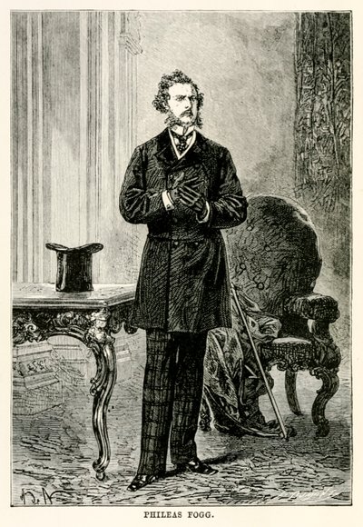 Phileas Fogg, fra Jorden rundt på firs dage af Jules Verne (1828-1905), indgraveret af Louis Dumont (f.1822) 1873 af after Alphonse Marie de Neuville