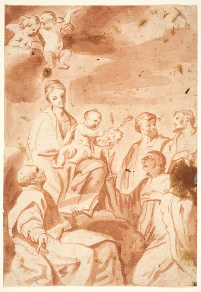 Madonnaen og barnet tronede med Sts Ignatius af Loyola, Francis Xavier, Cosmas og Damian af after Andrea Sacchi
