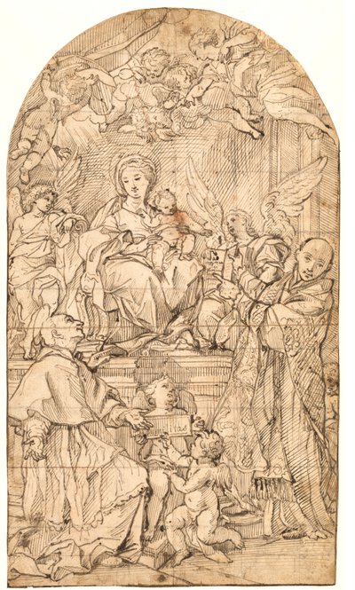Madonnaen og barnet troner, flankeret af engle og de hellige Charles Borromeo og Ignatius af Loyola af after Carlo Maratti