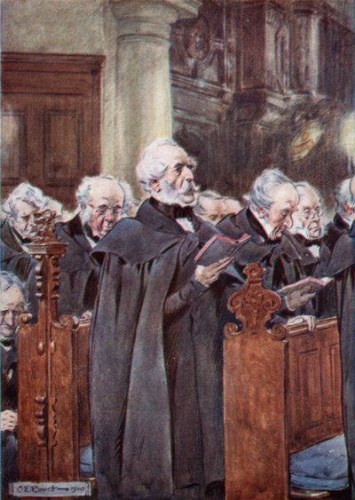 Hans kære gamle hoved var bøjet over hans bønnebog af after Charles Edmund Brock