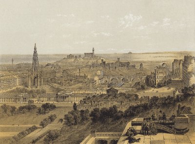 Udsigt over Edinburgh fra slottet (chromolitho) af after David Roberts