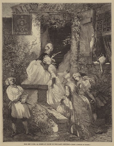 Døren til kroen, en scene i Dijon i det sidste århundrede af after Edmond Morin