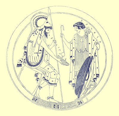 En siddende kriger holder sin vinkop, illustration fra græske vasemalerier af J. E. Harrison og D. S. MacColl, udgivet 1894 (digitalt forbedret billede) af after English School