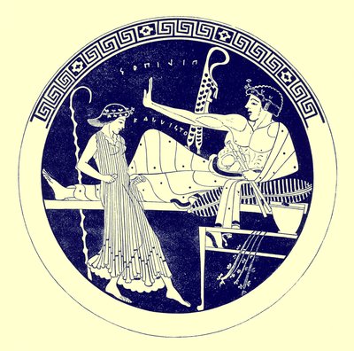 Dansende pige og festende ungdom, illustration fra græske vasemalerier af J. E. Harrison og D. S. MacColl, udgivet 1894 (digitalt forbedret billede) af after English School