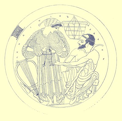 Interiør af Cylix af Euphronios, illustration fra græske vasemalerier af J. E. Harrison og D. S. MacColl, udgivet 1894 (digitalt forbedret billede) af after English School