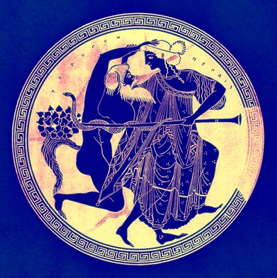Satyr og Maenad, illustration fra græske vasemalerier af J. E. Harrison og D. S. MacColl, udgivet 1894 (digitalt forbedret billede) af after English School