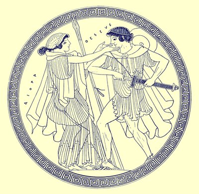 Theseus and Aethra, illustration fra græske vasemalerier af J. E. Harrison og D. S. MacColl, udgivet 1894 (digitalt forbedret billede) af after English School