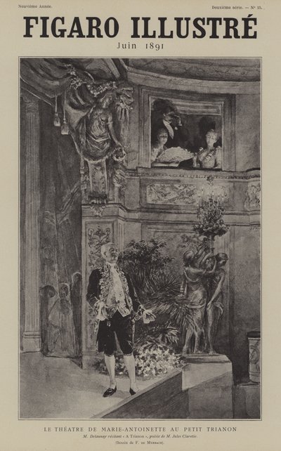 Den franske skuespiller Louis Arsene Delaunay reciterer Jules Clareties-digtet A Trianon på Theatre de Marie Antoinette på Petit Trianon, Versailles af after Felicien baron de Myrbach Rheinfeld