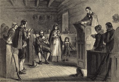 Offentlig gudstjeneste i Plymouth af pilgrimmene af after Felix Octavius Carr Darley