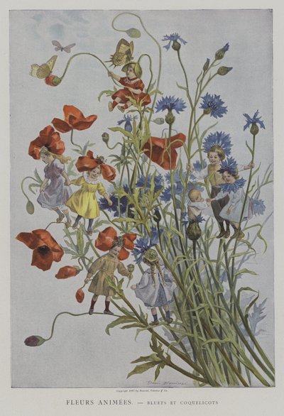 Fleurs Animees. Bleuets et Coquelicots. (Animerede blomster: kornblomster og valmuer) af after Firmin Bouisset