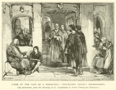 Scene ved porten til et kloster, rejsende søger forfriskning af after George Cattermole