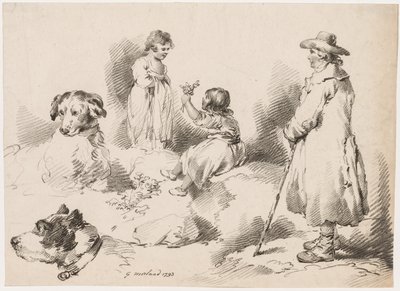 Studier af børn (to små piger); To Hunde; En mand af after George Morland