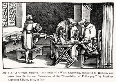 En tysk kirurg, fra Consolation of Philosophy af Boethius, illustration fra Videnskab og litteratur i middelalderen og renæssancen, skrevet og indgraveret af Paul Lacroix, 1878 (bw ph) af after German School