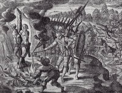 Spaniernes hævn for Ayolas død, fra Gottfrieds Historia Antipodum, pub. i 1655, fra The Romance of the River Plate, Vol. I, af W. H. Koebel, 1914 af after German School