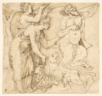 En satyr, to kvinder, en løve og en ged af after Giulio Romano