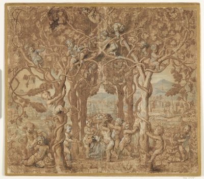 Putti høster vin og leger med en ged af after Giulio Romano