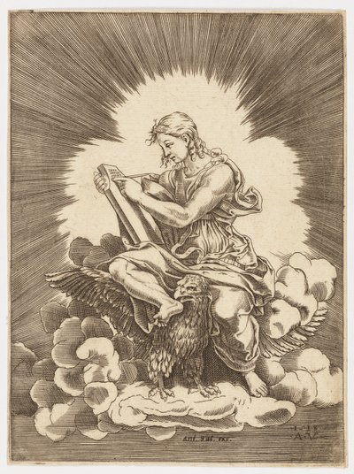 Saint John, skriver, siddende på en ørn af after Giulio Romano
