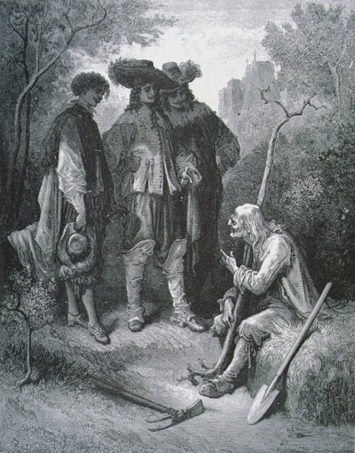 Illustration til Den gamle mand og de tre unge mænd, fra fabler af Jean de La Fontaine (1621-95) af Gustave after Dore