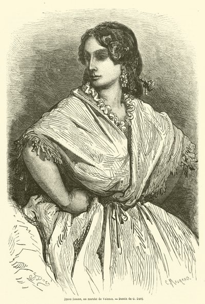 Ung kvinde, går i Valencia af Gustave after Dore
