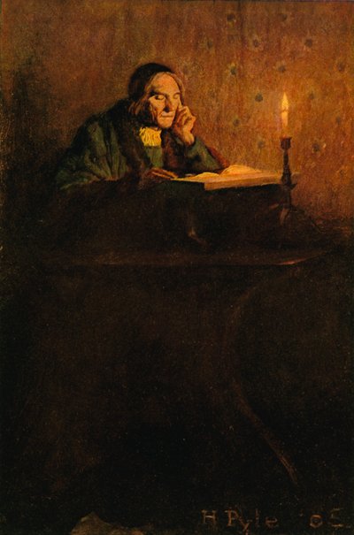 En pæn og skrumpen herre sad ved et skrivebord af after Howard Pyle