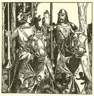 Sir Percival og Sir Lamorack rider sammen af after Howard Pyle