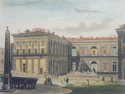 Indvendig gårdhave i Palazzo Pitti, Firenze, indgraveret af Johann Falkeisen (1804-83) og farvelagt af L. Cherbuin, ca. 1842 (akvatint) af after Italian School