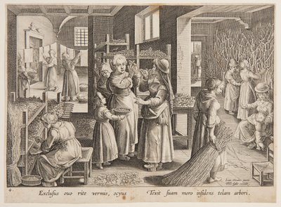 Fodring af morbærblade til silkeormene af after Jan van der Straet, called Stradanus