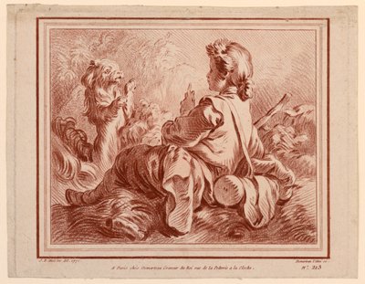 Siddende hyrde leger med en hund af after Jean Baptiste Huet