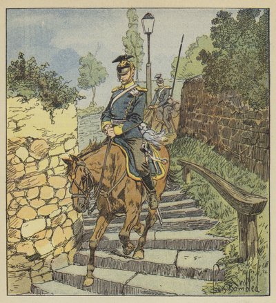 I Chateaudun stiger to forfulgte uhlanere ned på hesteryg stentrappen på 200 trin af after Louis Charles Bombled