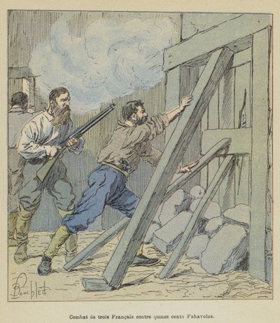 Kamp af tre franskmænd mod femten hundrede Fahavolos af after Louis Charles Bombled