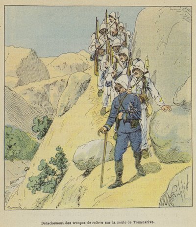 En deling af afløsningstropperne på vejen til Tananarive af after Louis Charles Bombled