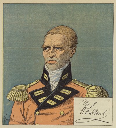 Hudson Lowe efter en tegning i Nationalbiblioteket, Lowes signatur af after Louis Charles Bombled