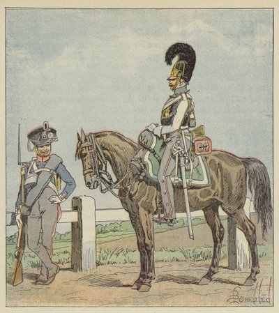 Preussisk linjeinfanteri (42. reg) og preussisk kurassier (1806) af after Louis Charles Bombled