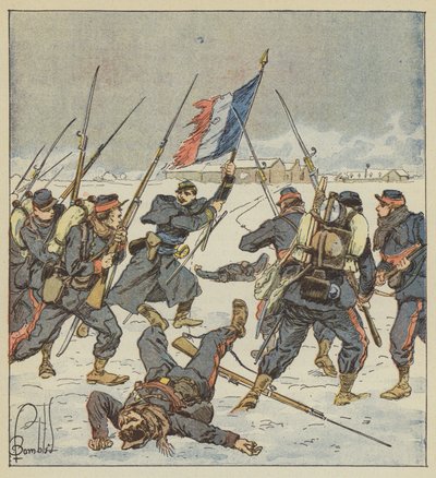 Kaptajn Couturie, fra Sarthe-mobilerne, udvalgt, med flag i hånden, angreb Mee af after Louis Charles Bombled