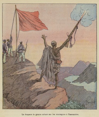 Krigsflaget vajer på bjergene i Antananarivo af after Louis Charles Bombled