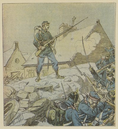 Sergent Pitou, mens han uforfærdet stiger på barrikaden i Courceboeufs, beslutter sig for at indtage landsbyen af after Louis Charles Bombled