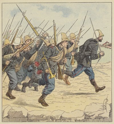 Marineinfanteri på Chaussee de Tien-Tsin af after Louis Charles Bombled