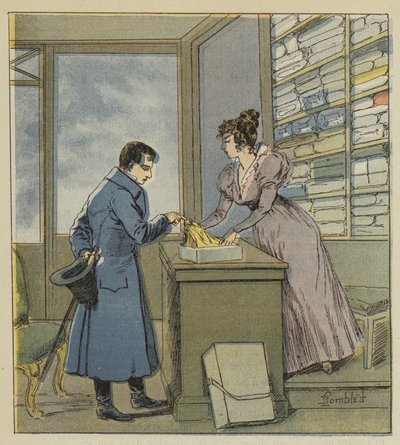 Napoleon klædt ud i en butik i rue Saint-Denis af after Louis Charles Bombled