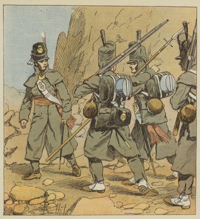Engelske soldater fra 1st Foot Guard Regiment, i vejbeklædning, Spanien, 1814 af after Louis Charles Bombled